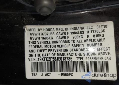 2018 Honda Civic Lx из США, поврежденный, VIN 19XFC2F58JE018786